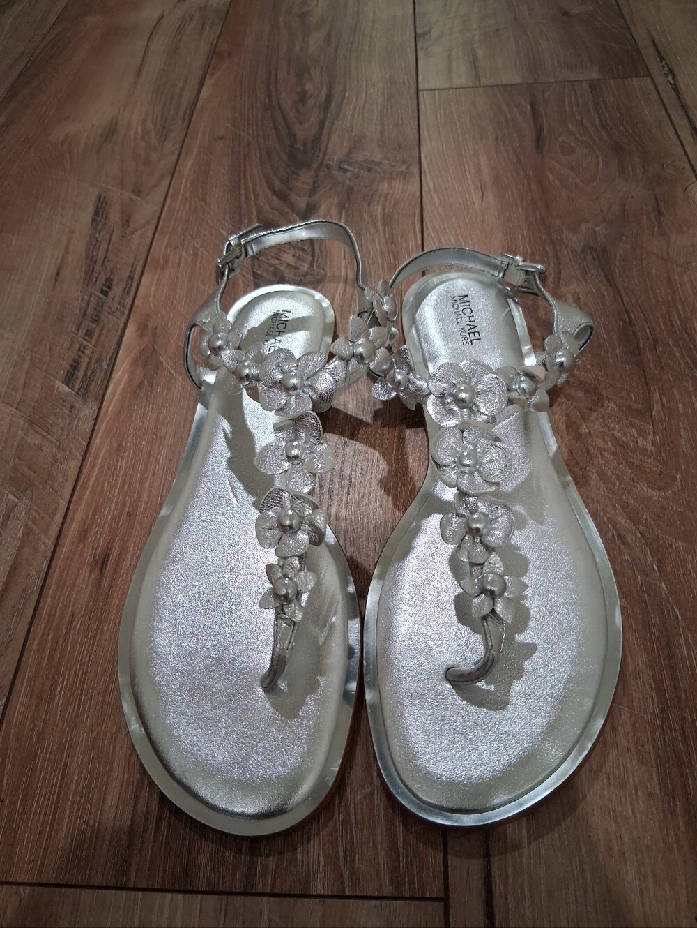 Michael Kors Silver Floral T-Strap Sandals with Ankle Buckle